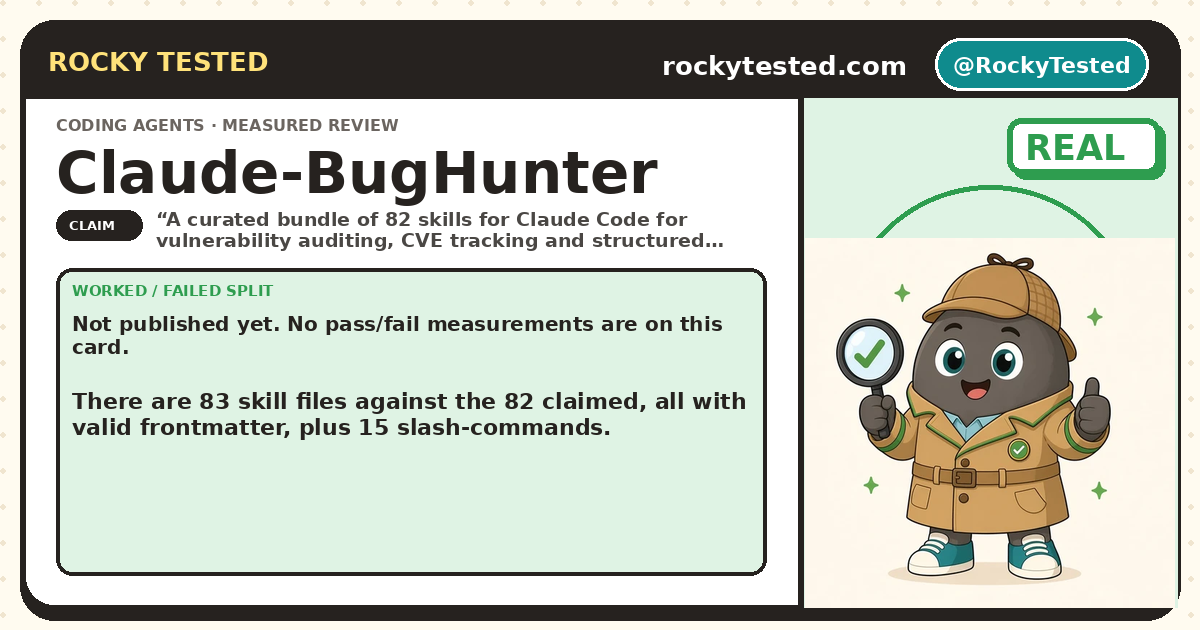 Rocky Tested stat card for Claude-BugHunter: is it really 82 bug-hunting skills?