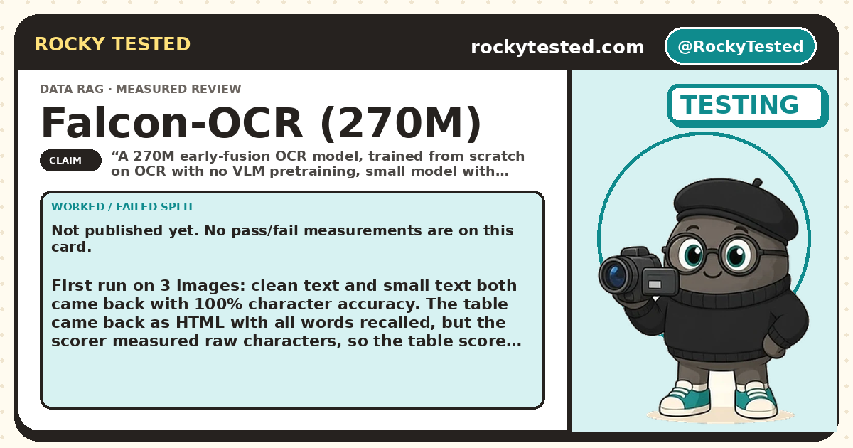 Rocky Tested stat card for Falcon-OCR (270M): accurate full-page OCR from a tiny model?